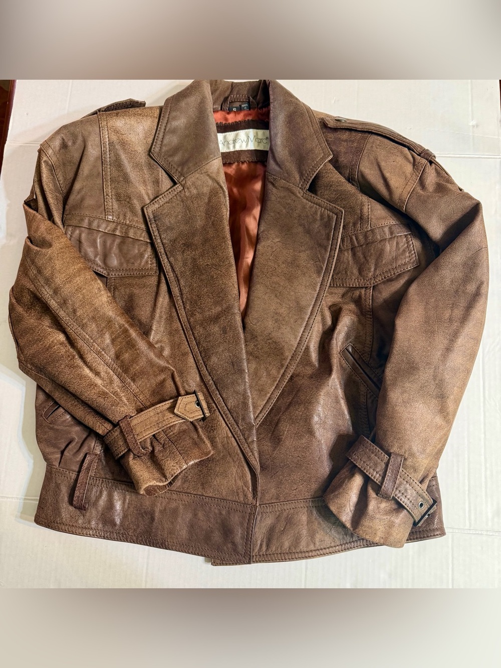 Andrew Marc Brown Leather Blazer Jacket Womens S Distressed Moto 90s Vintage Sma